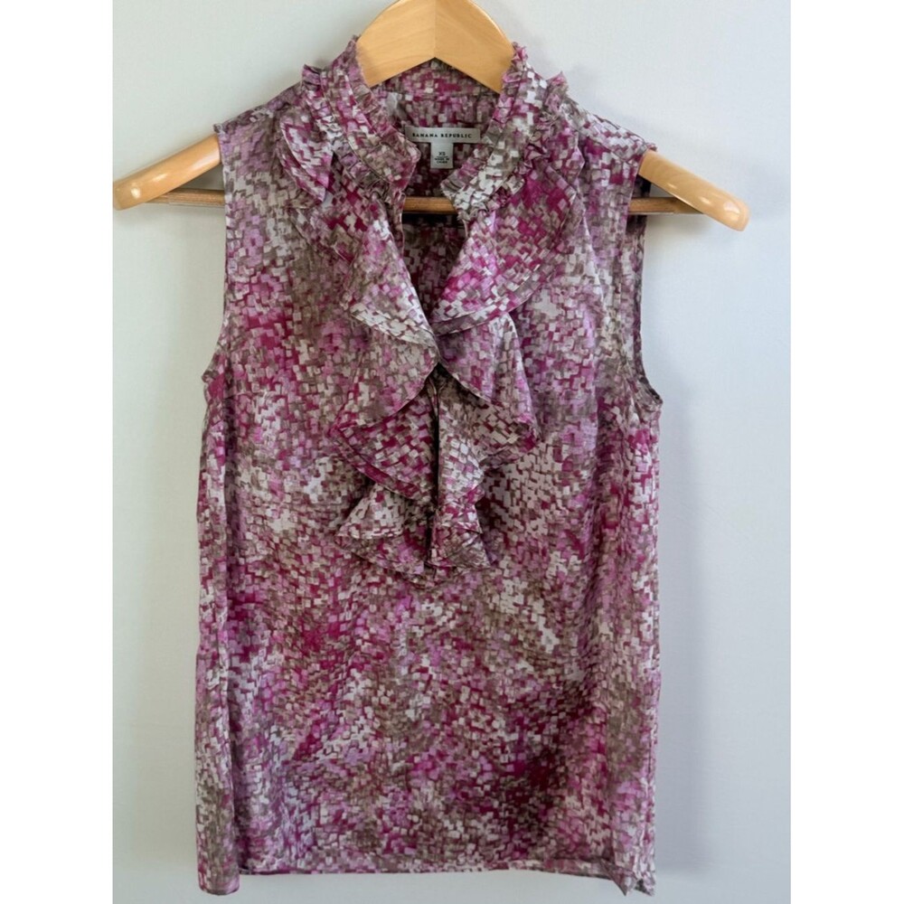 Banana Republic Silk Blend Ruffle Neck Sleeveless Blouse Pink XS